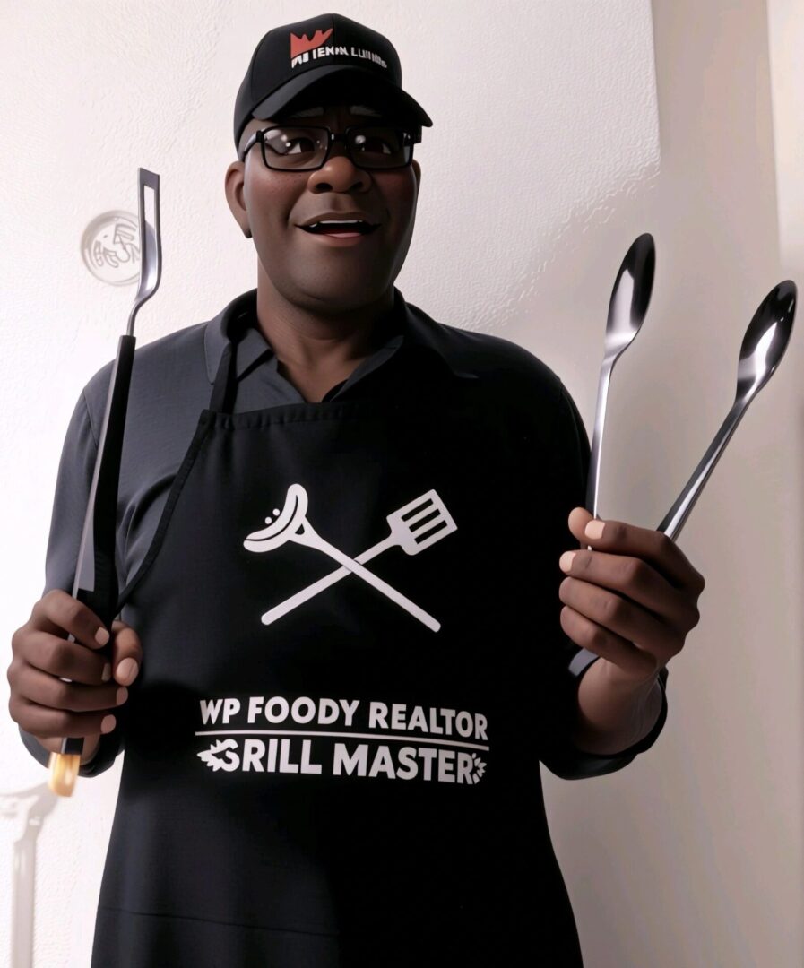 A man holding two spoons and an apron.